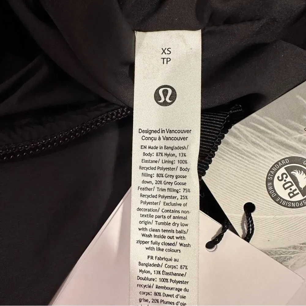 NWT XS Lululemon Cinch-Waist 600 Down Fill Puffer Relaxed Fit - Black